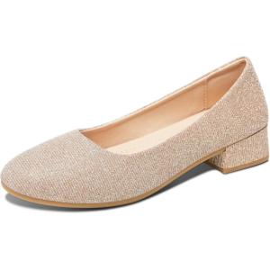 imageALTOCIS Womens Low Block Chunky Heels Pumps Ladies Elegant Closed Round Toe Pumps Shoes Low Platform Office Pumps ShoesGold