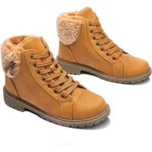 imageALTOCIS Womens Fur Lined Winter Snow Boots Short Mid Calf Fashion Boot Art Resin Button Faux Suede Boots for WomenChestnut1