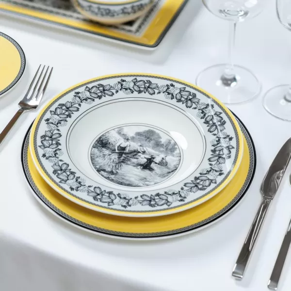Villeroy &amp; Boch Audun Ferme Rim Soup, 9.5 in, White/Gray/Yellow