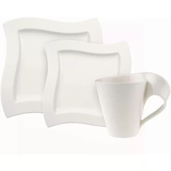 Villeroy &amp; Boch NewWave 12-Piece Place Setting, Service For 4, Plates &amp; Mugs, Premium Porcelain, Made in Germany, White