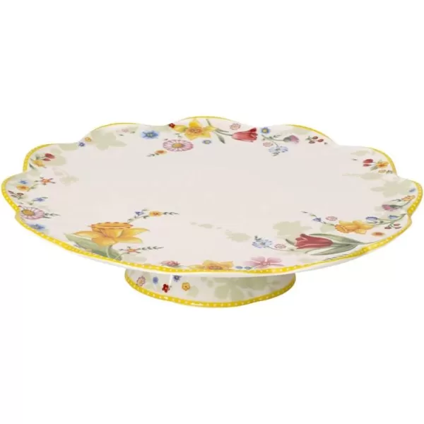 Villeroy &amp; Boch Spring Awakening Cake Plate Flower Meadow, 33 cm, Porcelain, White/Colourful, 33cm/13, Yellow, Green, Red
