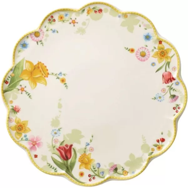 Villeroy &amp; Boch Spring Awakening Cake Plate Flower Meadow, 33 cm, Porcelain, White/Colourful, 33cm/13, Yellow, Green, Red