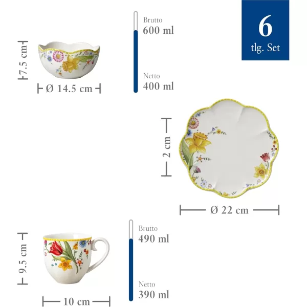 Villeroy &amp; Boch - Spring Awakening Breakfast Set for 2, 6 Pieces, Premium Porcelain, Multi-Coloured,22 centimeters