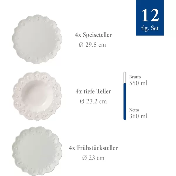 imageVilleroy ampamp Boch  Toys Delight Royal Classic Dinnerware Set 12 Pieces Set for 4 People Appetizer Plates Dinner Plates Soup Plates Premium Porcelain DishwasherSafe MicrowaveSafe WhiteWhite
