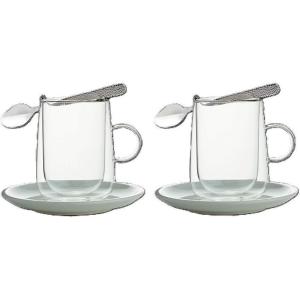 imageVilleroy ampamp Boch Artesano Original Coffee for 2 Set of 2 Insulated Latte Glasses with Saucers and Spoons