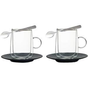 imageVilleroy ampamp Boch Manufacture RockArtesano Original Coffee for 2 Set of 2 Insulated Latte Glasses with Saucers and Spoonsblackgrey