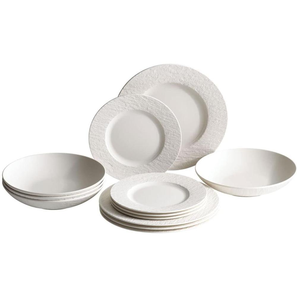 imageVilleroy ampamp Boch Manufacture Rock Blanc 12Piece Dinnerware Set Service for 4 Dinner Plates Salad Plates ampamp Pasta Bowls Premium Porcelain Made in Germany Matte WhiteWhite