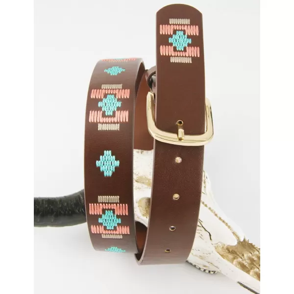 TOPACC Girls Western Belts for Women Flower Embroidered Belt Bohemian Vintage Cowgirl Belt for Jeans Pants CasualBrown