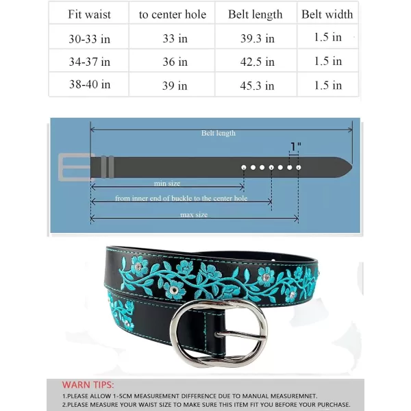 TOPACC Girls Western Belts for Women Flower Embroidered Belt Bohemian Vintage Cowgirl Belt for Jeans Pants CasualTurquoise