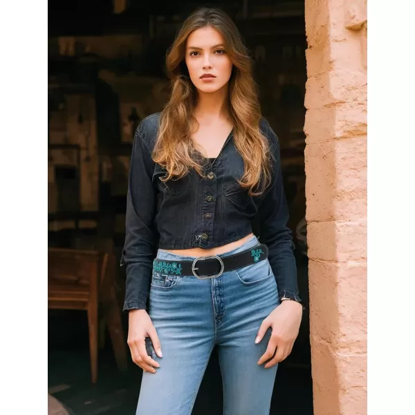 TOPACC Girls Western Belts for Women Flower Embroidered Belt Bohemian Vintage Cowgirl Belt for Jeans Pants CasualTurquoise