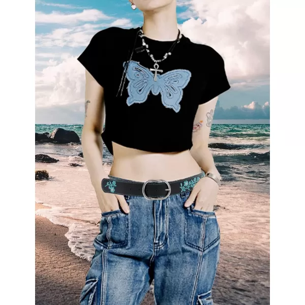 TOPACC Girls Western Belts for Women Flower Embroidered Belt Bohemian Vintage Cowgirl Belt for Jeans Pants CasualTurquoise