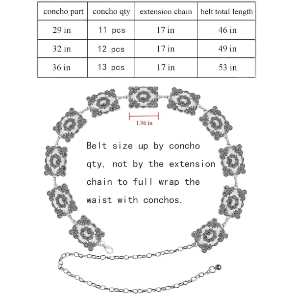TOPACC Metal Concho Belts for Women Western Cowgirl Turquoise Boho Chain Belts for Dress Jeans2silver