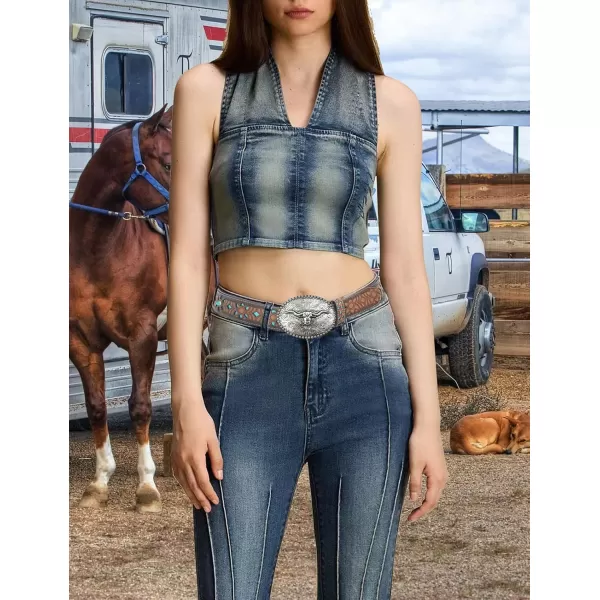 TOPACC Western Belts for Women Men with Buckle Cowboy Cowgirl Country Belt for Jeans PantsBsilver