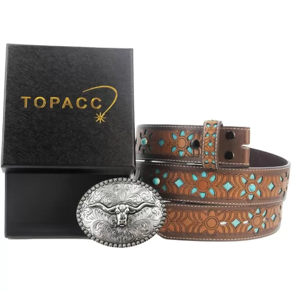 TOPACC Western Belts for Women Men with Buckle Cowboy Cowgirl Country Belt for Jeans PantsBsilver