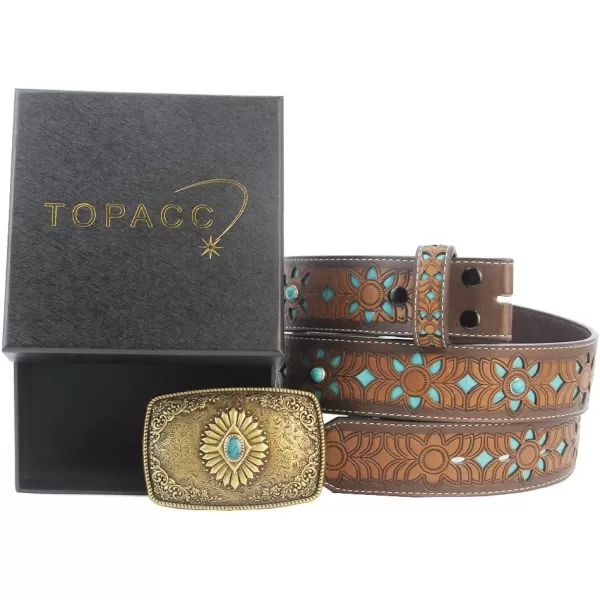 TOPACC Western Belts for Women Men with Buckle Cowboy Cowgirl Country Belt for Jeans PantsHturquoise