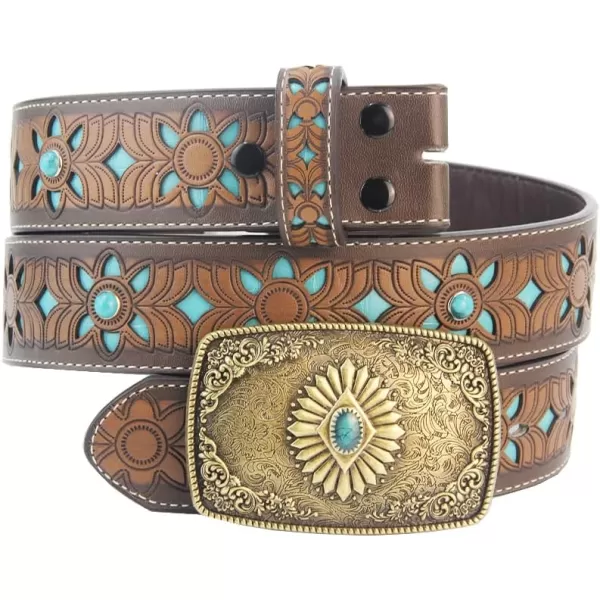 TOPACC Western Belts for Women Men with Buckle Cowboy Cowgirl Country Belt for Jeans PantsHturquoise