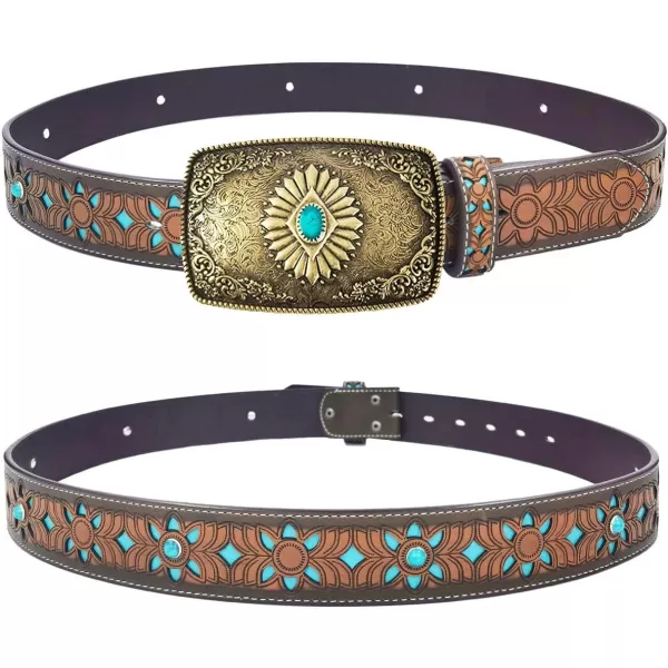 TOPACC Western Belts for Women Men with Buckle Cowboy Cowgirl Country Belt for Jeans PantsHturquoise