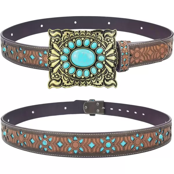 TOPACC Western Belts for Women Men with Buckle Cowboy Cowgirl Country Belt for Jeans PantsIturquoise