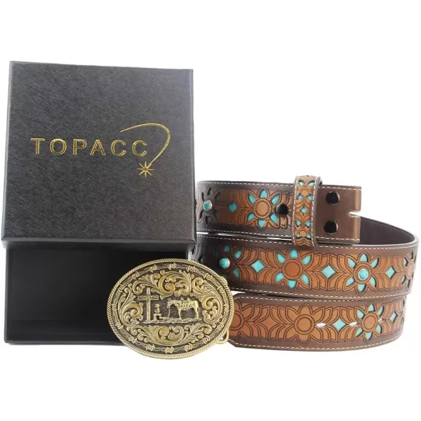 TOPACC Western Belts for Women Men with Buckle Cowboy Cowgirl Country Belt for Jeans PantsJbronze