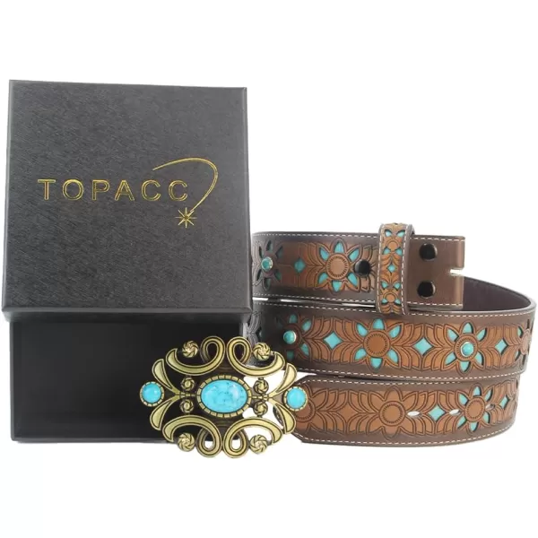 TOPACC Western Belts for Women Men with Buckle Cowboy Cowgirl Country Belt for Jeans PantsKturquoise