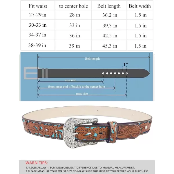 TOPACC Western Belts for Womens Mens Cowgirl Cowboy Country Belts with Buckles for Jeans Pants RodeoEturquoise
