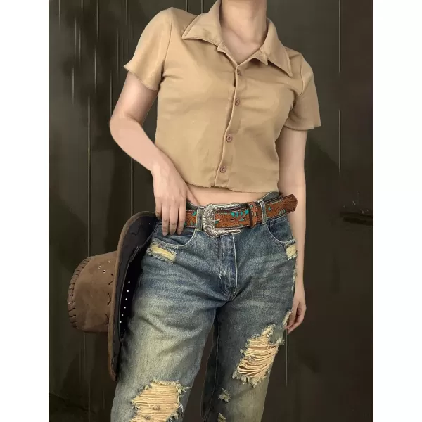 TOPACC Western Belts for Womens Mens Cowgirl Cowboy Country Belts with Buckles for Jeans Pants RodeoEturquoise