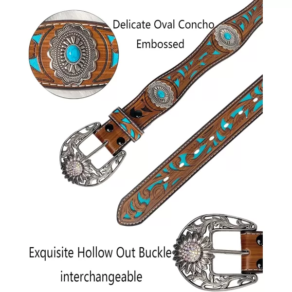 TOPACC Western Belts for Womens Mens Cowgirl Cowboy Country Belts with Buckles for Jeans Pants RodeoJturquoise