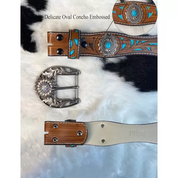 TOPACC Western Belts for Womens Mens Cowgirl Cowboy Country Belts with Buckles for Jeans Pants RodeoJturquoise