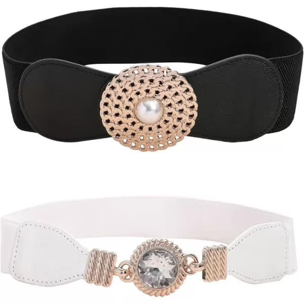 TOPACC 2Piece Wide belts for women Dresses Elastic Western Cinch Belt Stretch Retro Buckle Ladies FashionBlackWhite45