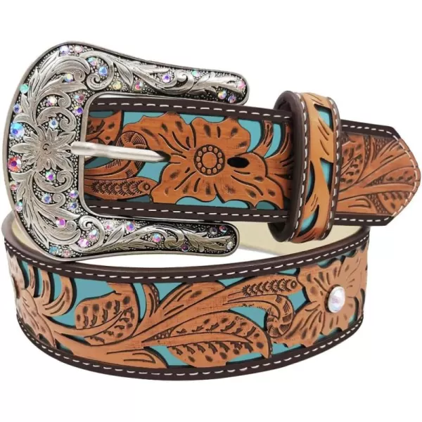 TOPACC Western Belts for Womens Mens Cowgirl Cowboy Country Belts with Buckles for Jeans Pants RodeoEturquoise