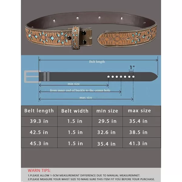 TOPACC Western Belts for Women Without Buckle Turquoise Leather Belt Strap Cowboy Cowgirl Country Belt for Jeans Pants 15quotBrown