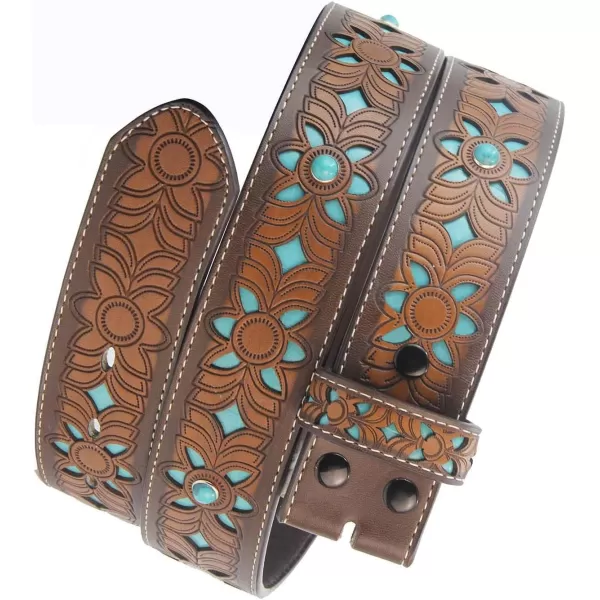 TOPACC Western Belts for Women Without Buckle Turquoise Leather Belt Strap Cowboy Cowgirl Country Belt for Jeans Pants 15quotBrown