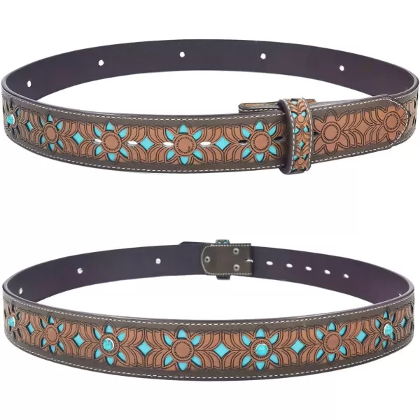 TOPACC Western Belts for Women Without Buckle Turquoise Leather Belt Strap Cowboy Cowgirl Country Belt for Jeans Pants 15quotBrown