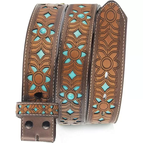 TOPACC Western Belts for Women Without Buckle Turquoise Leather Belt Strap Cowboy Cowgirl Country Belt for Jeans Pants 15quotBrown
