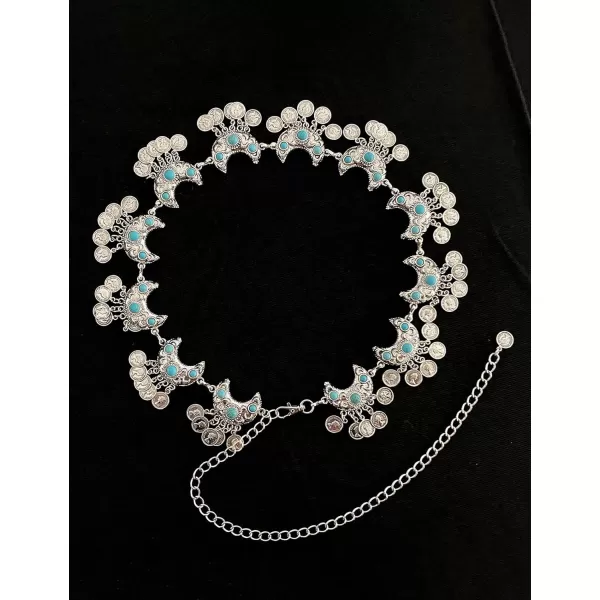 TOPACC Metal Concho Belts for Women Western Cowgirl Turquoise Boho Chain Belts for Dress Jeans10silver
