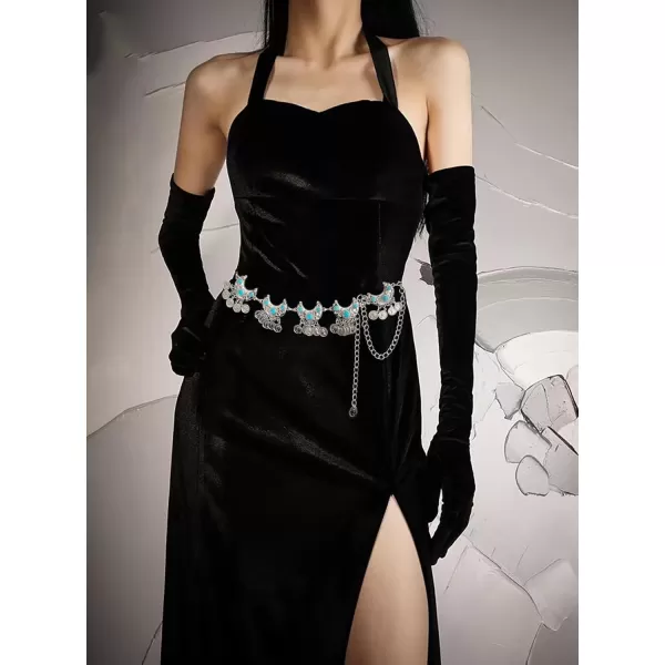 TOPACC Metal Concho Belts for Women Western Cowgirl Turquoise Boho Chain Belts for Dress Jeans10silver