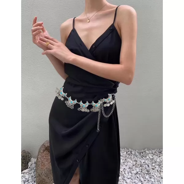 TOPACC Metal Concho Belts for Women Western Cowgirl Turquoise Boho Chain Belts for Dress Jeans10silver