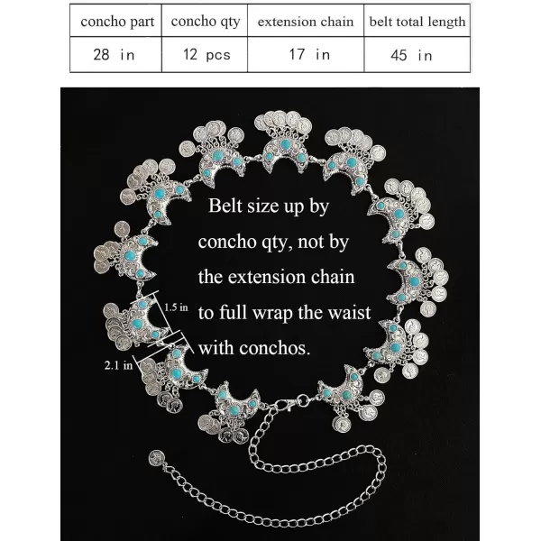 TOPACC Metal Concho Belts for Women Western Cowgirl Turquoise Boho Chain Belts for Dress Jeans10silver