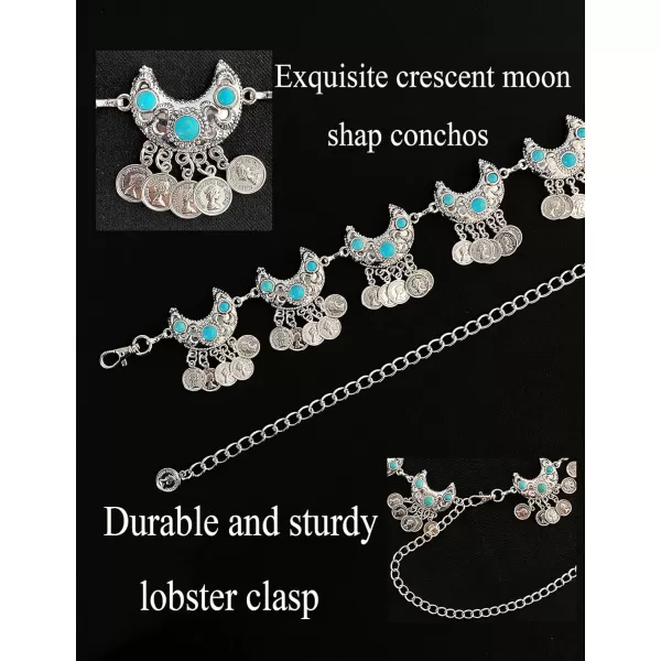 TOPACC Metal Concho Belts for Women Western Cowgirl Turquoise Boho Chain Belts for Dress Jeans10silver