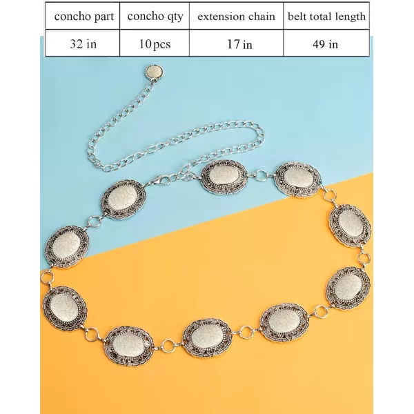 TOPACC Metal Concho Belts for Women Western Cowgirl Turquoise Boho Chain Belts for Dress Jeans11white