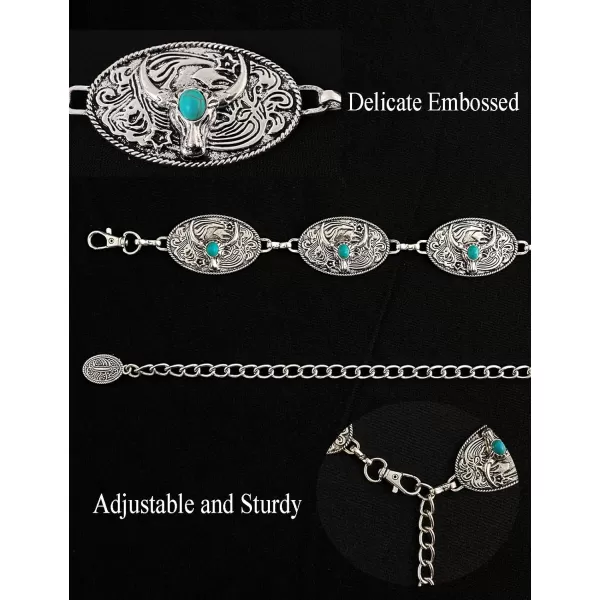 TOPACC Metal Concho Belts for Women Western Cowgirl Turquoise Boho Chain Belts for Dress Jeans4silver