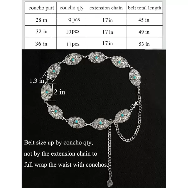 TOPACC Metal Concho Belts for Women Western Cowgirl Turquoise Boho Chain Belts for Dress Jeans4silver