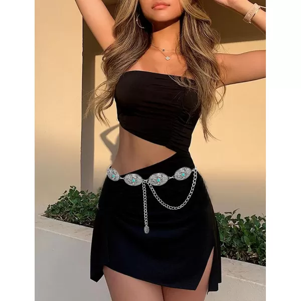 TOPACC Metal Concho Belts for Women Western Cowgirl Turquoise Boho Chain Belts for Dress Jeans4silver