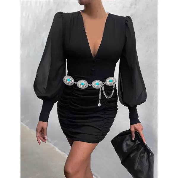 TOPACC Metal Concho Belts for Women Western Cowgirl Turquoise Boho Chain Belts for Dress Jeans6silver
