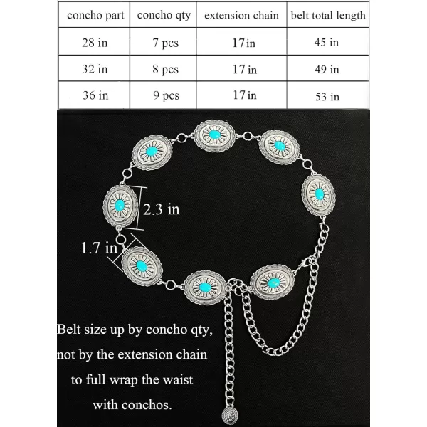 TOPACC Metal Concho Belts for Women Western Cowgirl Turquoise Boho Chain Belts for Dress Jeans6silver