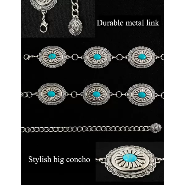 TOPACC Metal Concho Belts for Women Western Cowgirl Turquoise Boho Chain Belts for Dress Jeans6silver