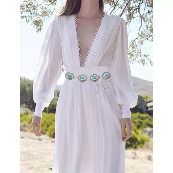 TOPACC Metal Concho Belts for Women Western Cowgirl Turquoise Boho Chain Belts for Dress Jeans6silver