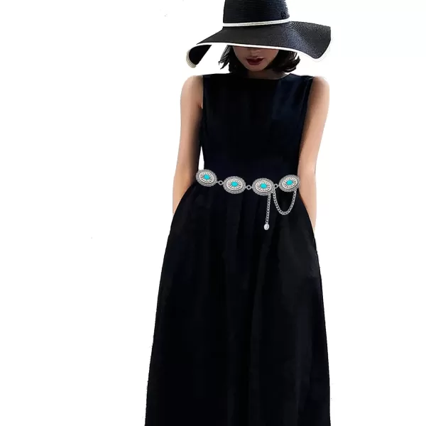 TOPACC Metal Concho Belts for Women Western Cowgirl Turquoise Boho Chain Belts for Dress Jeans6silver