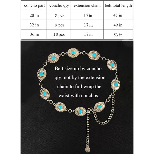 TOPACC Metal Concho Belts for Women Western Cowgirl Turquoise Boho Chain Belts for Dress Jeans7gold