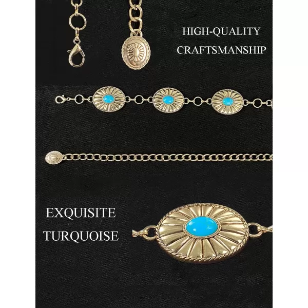 TOPACC Metal Concho Belts for Women Western Cowgirl Turquoise Boho Chain Belts for Dress Jeans7gold